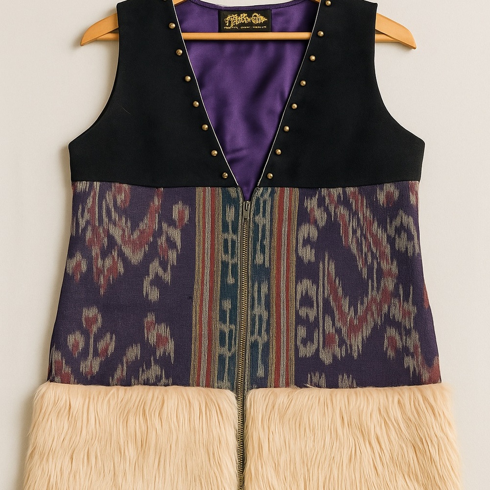 Boho Faux Fur Trimmed Ikat Vest by Hardison Cooper – Size M